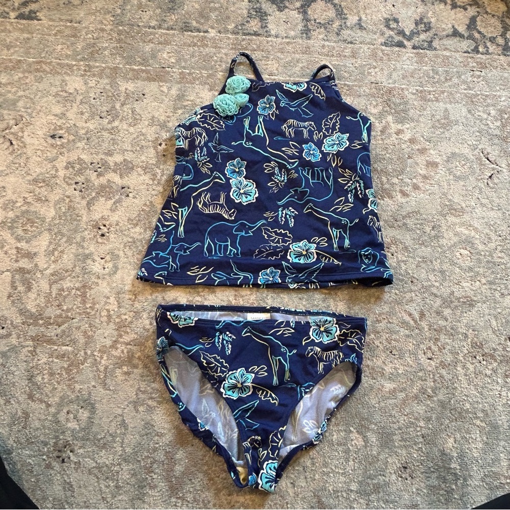 size 12 Lands End Kids girls blue tankini top and bottom set